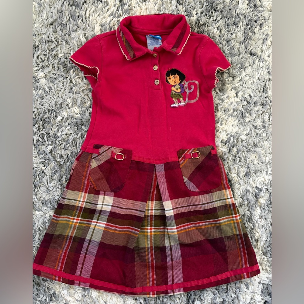 Vintage Y2K 2007 Nick Jr Dora the Explorer Polo Plaid Dress Sz 5 RARE